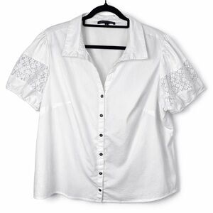 Adrienne Vittadini White Button Front Lace Sleeve Puff Short Sleeve Blouse 2X
